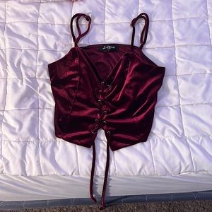 Velvet crop top, tank top, lace up front, burgundy